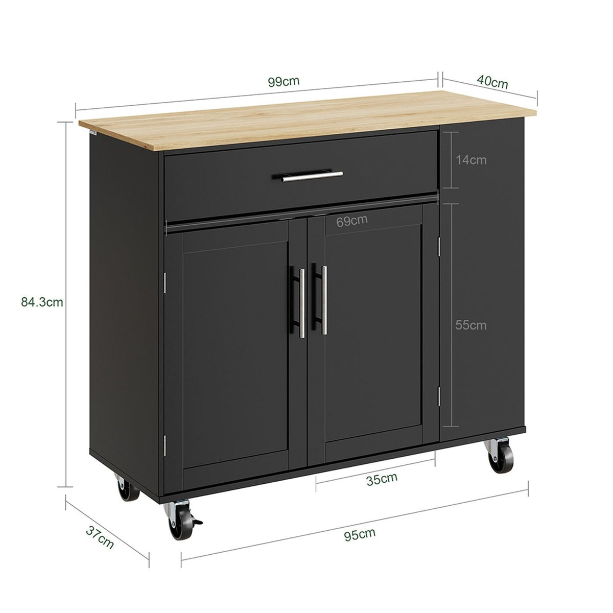 SoBuy Küchenwagen 99 x 40 x 84,3 cm – Schwarz – 2 Türen – Schublade – 4 Rollen