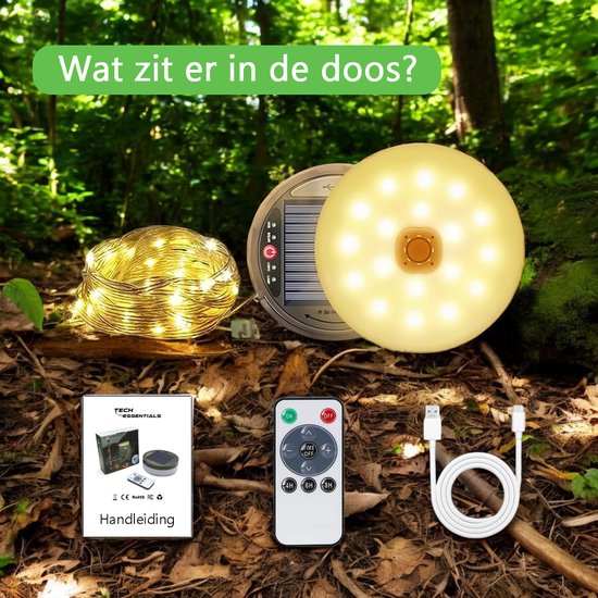 Tech Essentials Solar Camping Light String - 100LEDs - 10M - Warm-Weiß-Licht - Zelt Licht - USB aufladbar - Mit Fernbedienung - Einziehbar - Camping Licht - Solar Pendelleuchte - Notfall