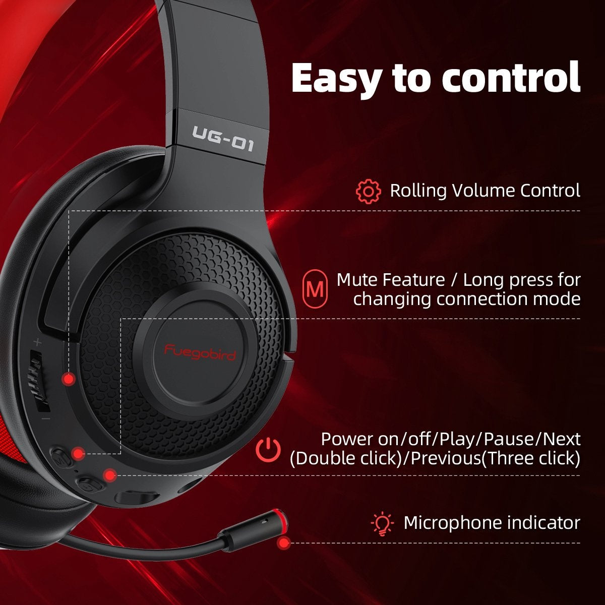 Fuegobird UG-01 2.4GHz Wireless Gaming Headset - Bluetooth Headset - Multiplattform - Geeignet für PS4/PS5, Nintendo Switch - Rot