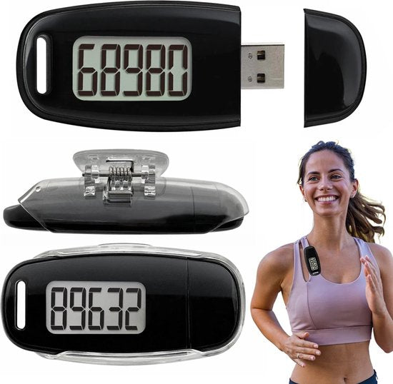 Garpex® Schrittzähler mit Clip und Trageschnur - USB-Ladung - Activity Tracker - Schrittzähler - Großes Display - Tasche - Schwarz