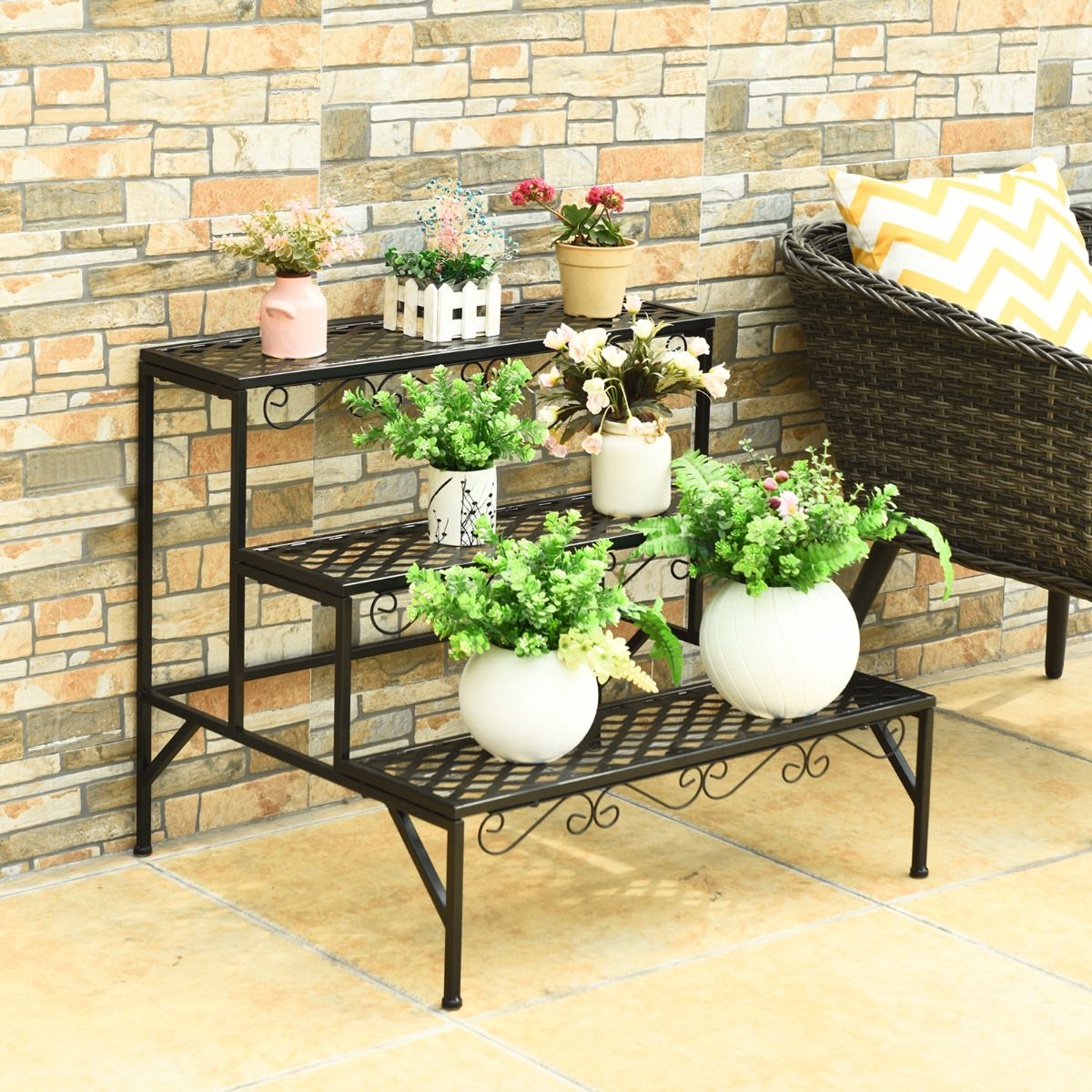 Coast Pflanzenregal mit drei Ebenen – Blumenständer aus Metall – Freistehende Pflanzenleiter – Schwarz – 70 x 60 x 60,5 cm