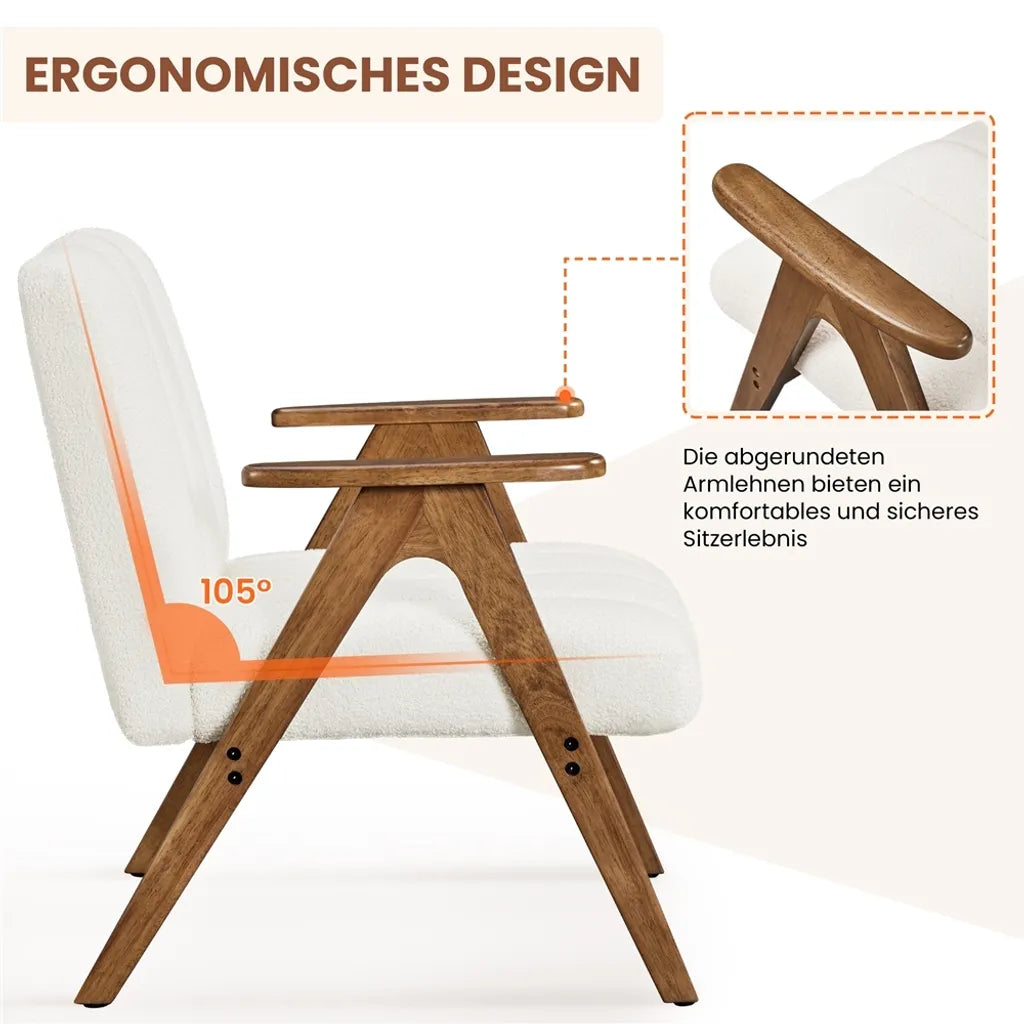 Yaheetech Sessel Weiß - Bouclé Lounge Chair mit Armlehnen und Holzbeinen - 60,5 x 68,5 x 73 cm