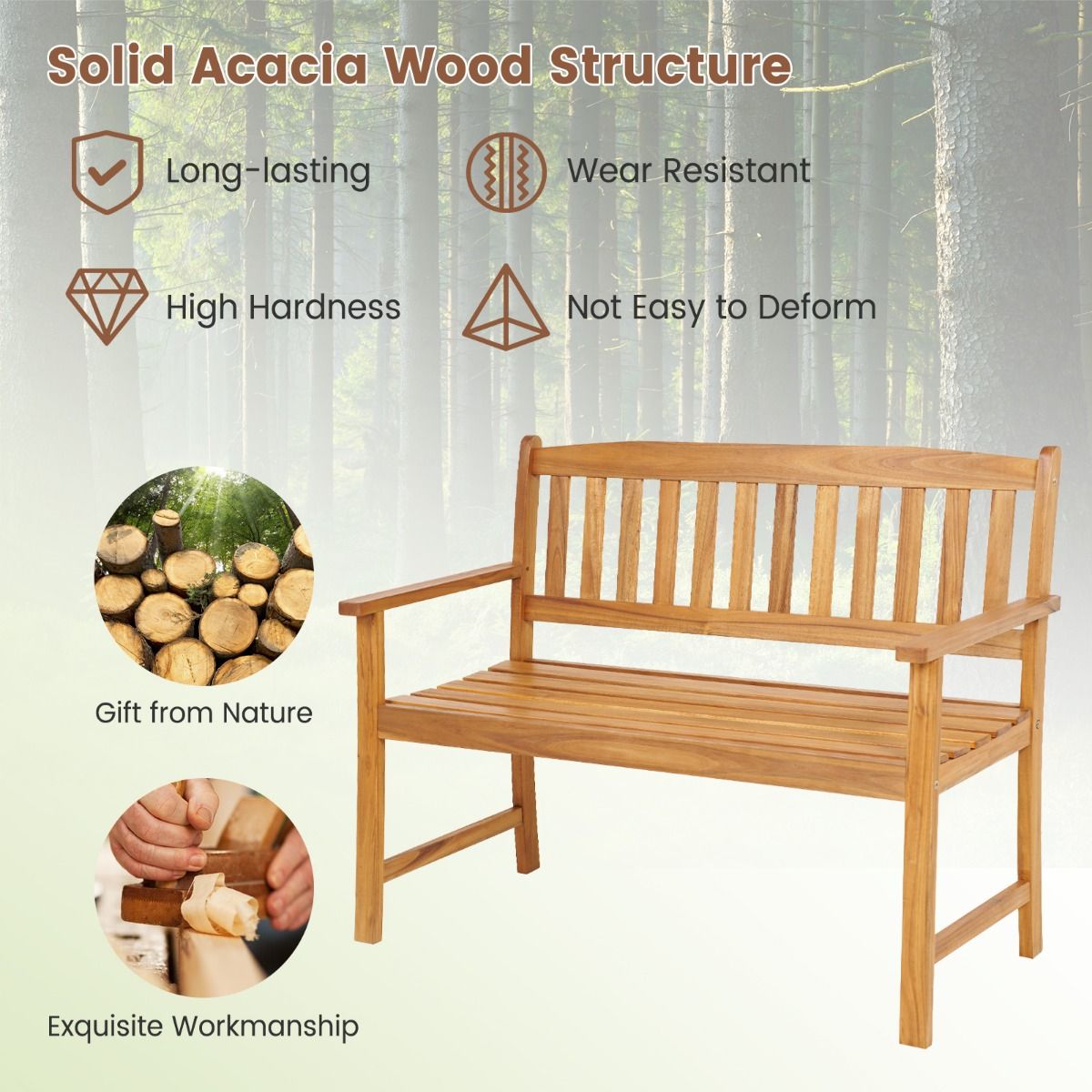 Coast Gartenbank – Massives Akazienholz – 2-Sitzer – Tragkraft bis zu 360 kg – Natur – 110 x 56,5 x 86 cm