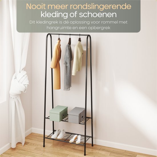 O'DADDY® Kleiderständer stehend - Aufbewahrungsregal 2 Lagen - Schuhregal - Garderobenständer mit Kleiderstange - Kleiderständer - 60 x 36 x 152 cm - Schwarzes Metall