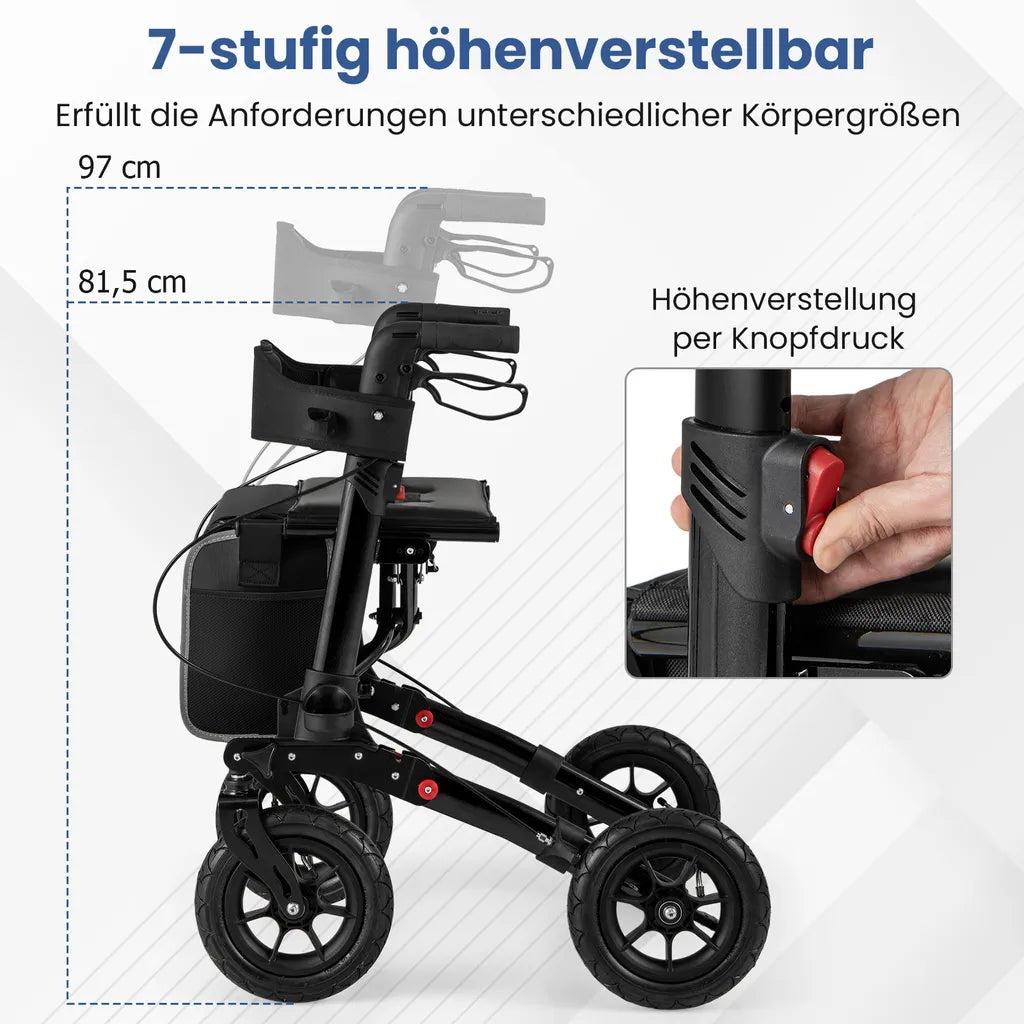 Coast Faltbarer Rollator Schwarz - 2-in-1-Reiserollator mit Sitz und Luftbereifung - 62 x 82 x 81,5-97 cm
