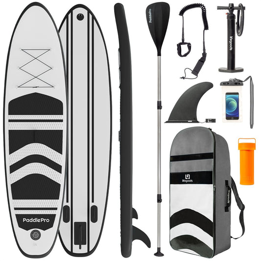 LifeGoods SUP Board - Aufblasbares Paddle Board - Komplettset - Max. 135KG - 320x81cm - Weiß/Schwarz