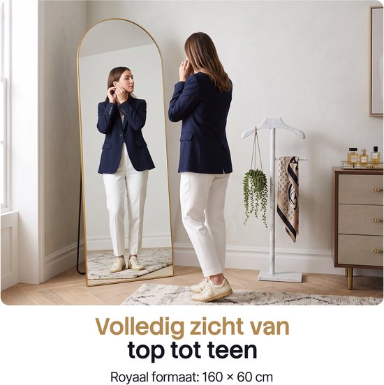 Infinity Goods Ganzkörperspiegel – 160 x 60 cm – Design-Wandspiegel – Standspiegel mit Metallrahmen – zur Aufhängung – Ankleidezimmerspiegel – abgerundet – modern – goldfarben