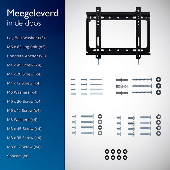 Philips TV-Halterung SQM3221/00 – Feste TV-Wandhalterung für Fernseher bis 42 Zoll und 25 kg – VESA-Maß bis 200 × 200 mm