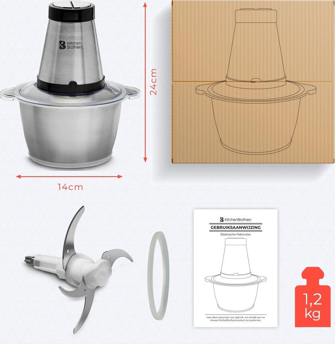 KitchenBrothers Zerkleinerer - Lebensmittelzerkleinerer - Elektrisch - 2 Geschwindigkeiten - 300 W - 1,8 L - Schüssel aus Edelstahl