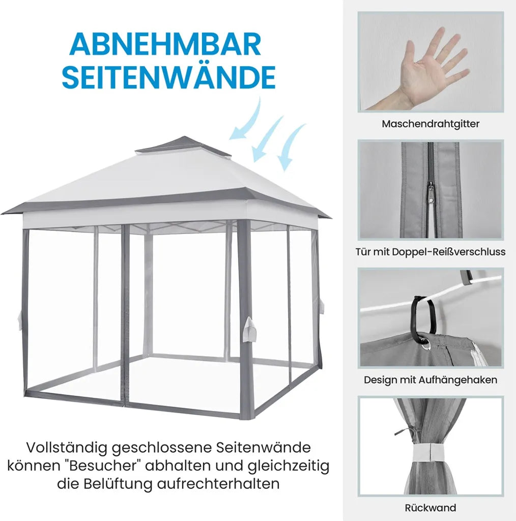 Yaheetech Pop-up-Partyzelt 330 x 330 cm – Hellgrau/Dunkelgrau – Zusammenklappbarer Gartenpavillon mit doppeltem Dach und 4 Seitenwänden aus Netzgewebe