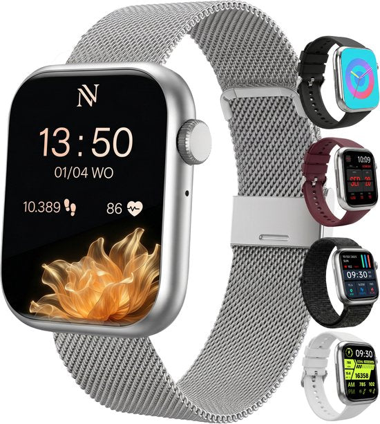 Nuvance Smartwatch für Damen – Smartwatch für Herren – Schrittzähler-Uhr für Damen – Herzfrequenzmesser – Sportuhr – Kompatibel mit iOS/Android – AMOLED – Inkl. 5 Armbänder – Silber