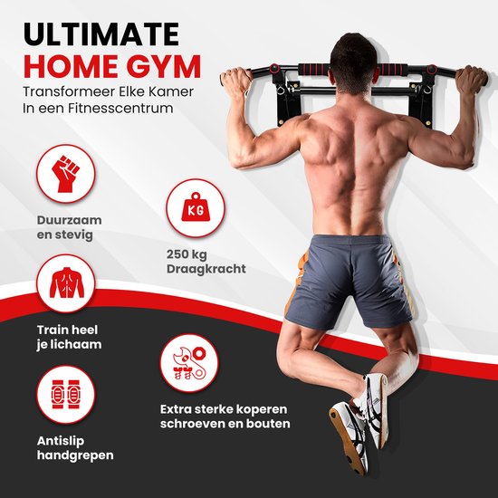 TTD® Premium Klimmzugstange - Klimmzugstation - Wandklimmzugstange - Dip Station - Dip Bars - Home Sports - Home Fitness - Hochwertige Materialien - Extra stabile Befestigungsteile - Home Workout - Schwarz/Rot