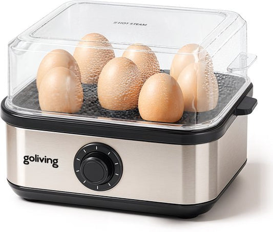 Goliving Eierkocher 2-in-1 - 1 bis 8 Eier - Kochen, Pochieren, Omelett - hart, weich und mittelweich gekocht - elektrisch - mit Timer - Silber