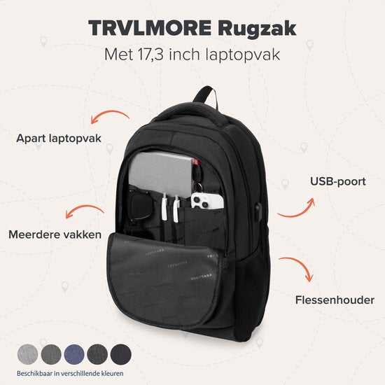 TRVLMORE Rucksack mit Lifetime - Rucksack mit 17 Zoll Laptopfach - Schultasche - Spritzwassergeschützt - Männer und Frauen - Jungen und Mädchen - 36L - Schwarz