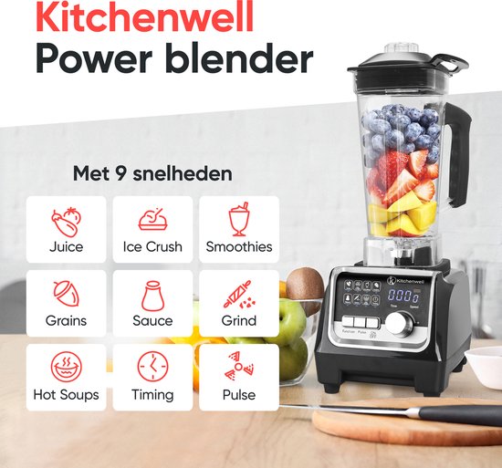 Kitchenwell Power Blender - 2000W - 2L - 9 Funktionen - Smoothie Maker - Edelstahl - Schwarz