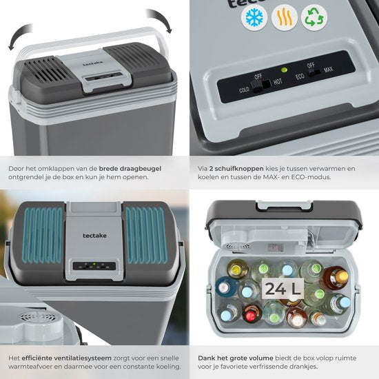 tectake® Kühlbox – elektrisch – 24 Liter – Tragegriff – Auto-Thermobox – Warmhaltebox – 12-V- und 230-V-Ladegerät – Camping-Kühlschrank – Kühlen und Heizen