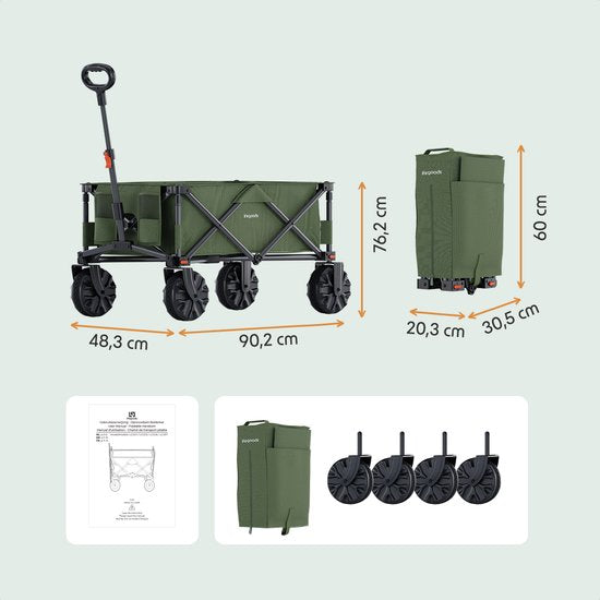 LifeGoods Wagon - faltbar - 100KG - 135L - zusammenklappbarer Wagon mit abnehmbaren Rädern - Schutzhülle - Grün