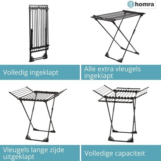 Homra Wäscheständer zusammenklappbar - Bis zu 22m Wäsche - Stehender Wäscheständer zusammenklappbar - Platzsparender Wäscheständer - Trocknungsständer - Ã–kologische Wäschetrocknung - 182x97x103 CM - Metall Schwarz - Geeignet für große Familien