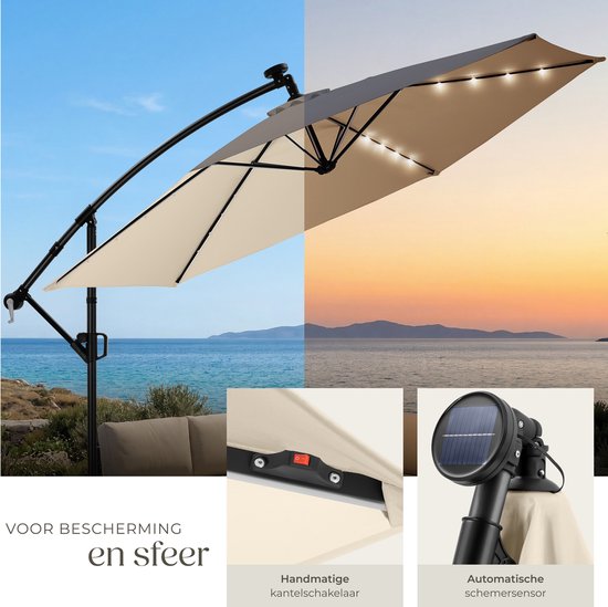 tectake® Schwebeschirm mit Sockel – 3 x 3 m – Gartenschirm mit solarbetriebener LED-Beleuchtung – drehbar – wasserabweisendes Polyester mit UV-Schutz – inklusive Schutzhülle – Beige