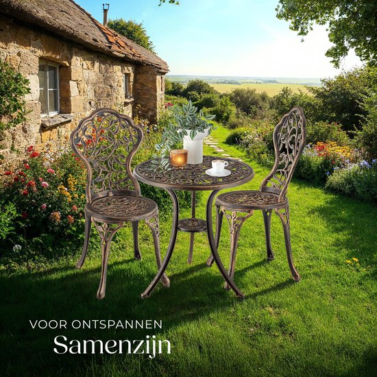 tectake® 2-Personen-Bistro-Set - Vintage Bistro-Tisch mit 2 Bistro-Stühlen - Aluminium-Bistro-Set für Garten, Terrasse oder Balkon - wetterfest - bronzefarben