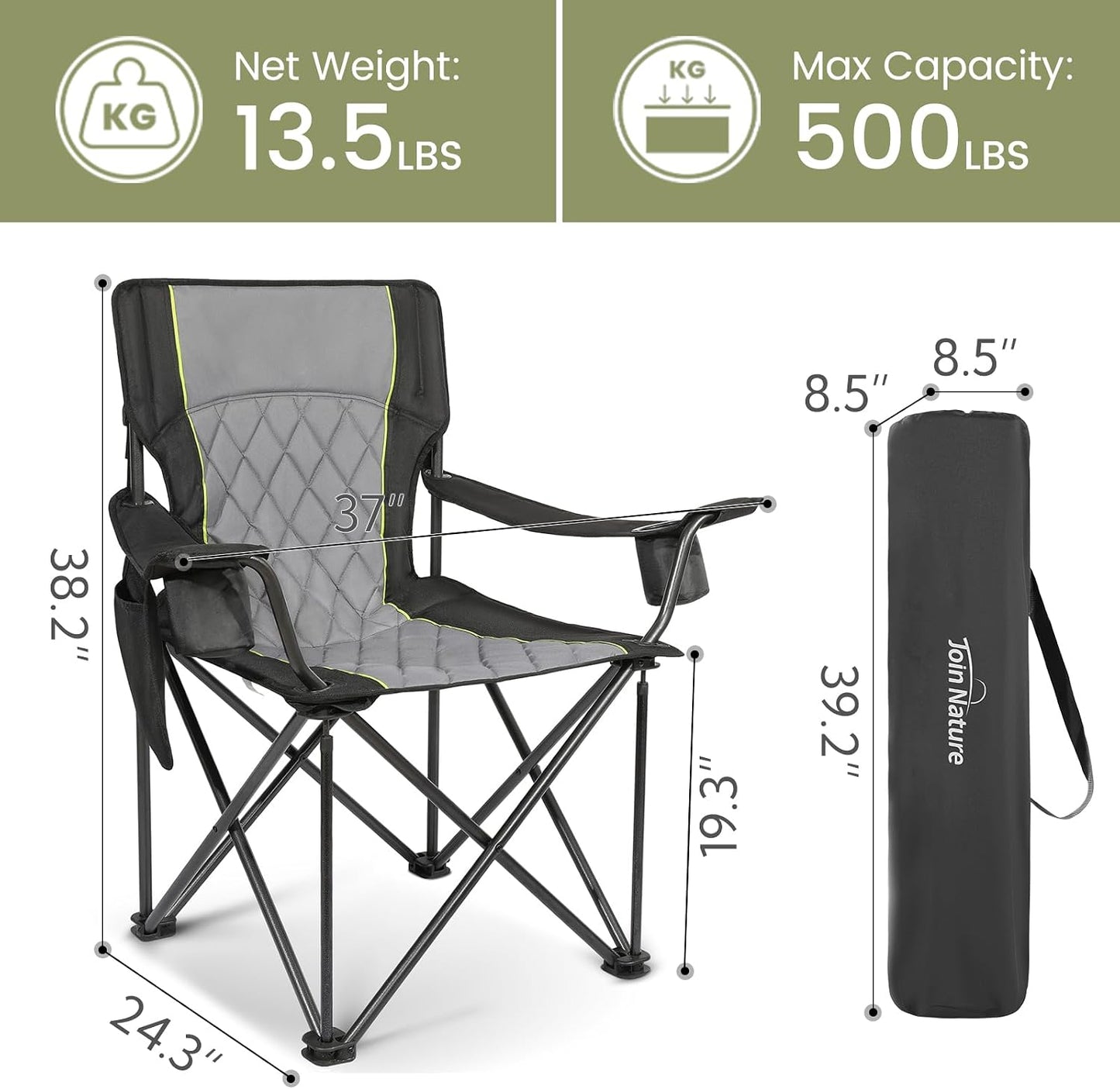 Join Nature Klappbarer Campingstuhl – Schwarz – 56 x 94 x 97 cm – Belastbar bis 227 kg