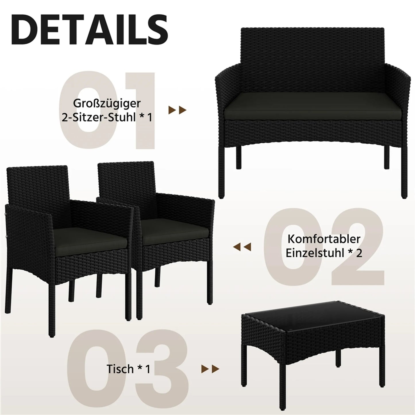 Yaheetech Garten-Set Lounge-Set 4-teilig - 100 x 59,5 x 83,5 cm - Ausgestattet mit handgeflochtenem PE-Rattan und Glastischplatte und waschbaren Kissen - Für Garten und Balkon - Schwarzes Polyethylen und Metall