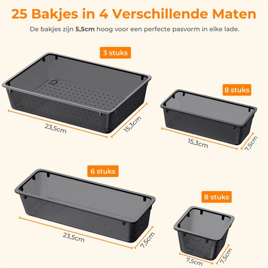 Posity Drawer Organizer - 25 Stück - Organizer Trays - Drawer Trays - Storage Trays - Make-up Organizer - Für Küche, Bad & Büro - Kunststoff - Schwarz Transparent