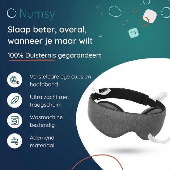 Numsy Schlafmaske für Frauen und Männer - Schlaf-Augenmaske - 100% Dimmen - Dunkelgrau