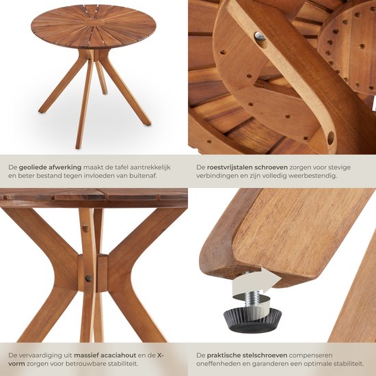 tectake® Runder Gartentisch aus Holz – Ø 70 x 62 cm – Akazienholz – Wetterfest – Außentisch – Bistrotisch – Beistelltisch – Tisch für Balkon und Terrasse – Auch für den Innenbereich geeignet