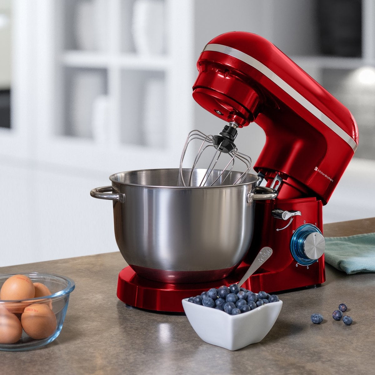 KitchenBrothers Küchenmaschine - Küchenmixer mit 6L-Edelstahl-Mixschüssel - Küchenroboter - 1400W - Rot