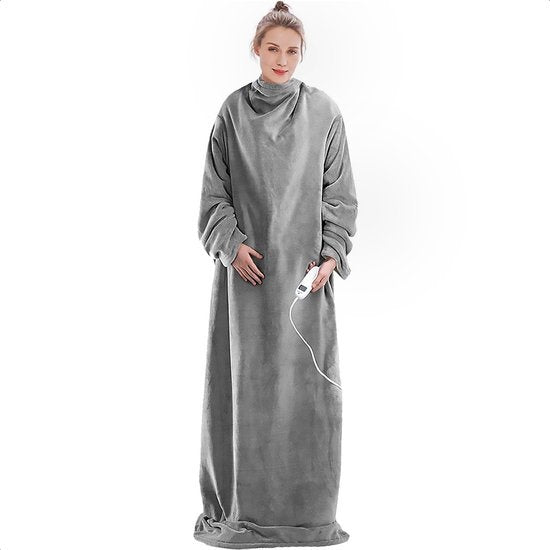 Goliving Elektrische Heizdecke mit Ärmeln – Kariertes Fleece – Große Kuscheldecke – Waschbar - Mit 9 Heizstufen und Timer – 195 × 125 cm – Grau