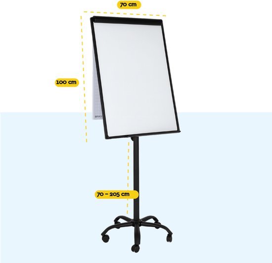 BRASQ Flipchart Mobile - 70x100 cm - Verstellbares Whiteboard - Inklusive 25 Blatt Papier, 4 Marker, 8 Magnete, Radiergummi - Flipchart mit Papierklammer und Haken - Magnettafel - Magnettafel - Schwarz