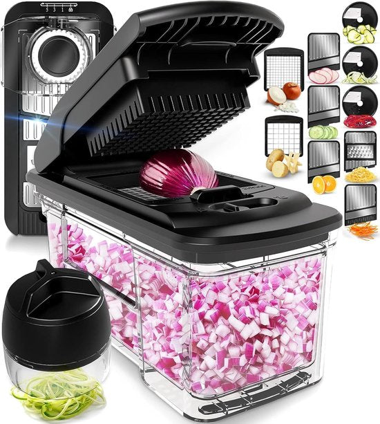 Stosh Mandoline – Gemüseschneider – Zwiebelschneider – Spiralschneider – Pommes-Frites-Schneider – Reibe – 6-teilig – Schwarz – Edelstahl – BPA-frei