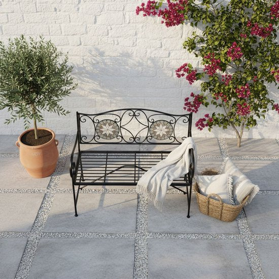 AXI Margot Mosaik-Gartenbank „Ster“ – Grau/Braun – Gartenbank aus Metall – 107 x 54 x 92 cm – Gartenbank für 2 Personen – Mosaik-Optik – Mit Keramikfliesen intarsiert – Für Garten, Terrasse und Balkon