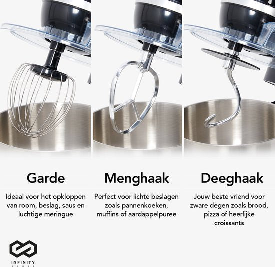 Infinity Goods Küchenmaschine - Küchenmixer - 5L Edelstahl-Rührschüssel - Küchenroboter - Küchenmaschine - Inkl. Zubehör - 1000W - Schwarz