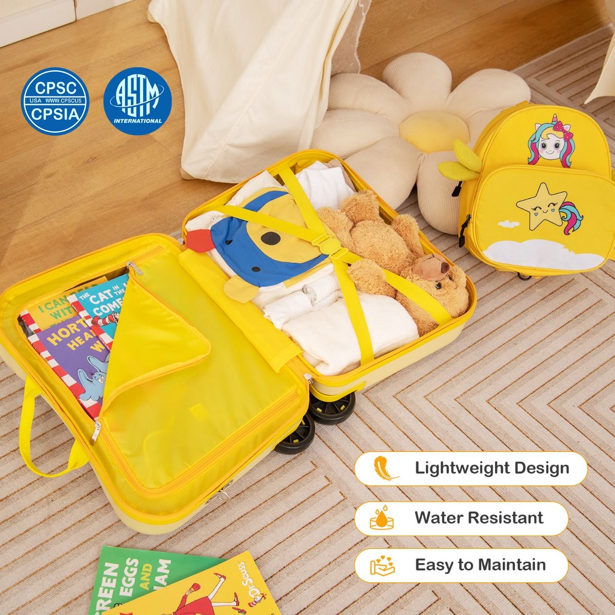 Coast Kinderkoffer- und Rucksack-Set – Ride-on-Koffer mit Rädern – Rucksack mit niedlichem Bienenmotiv – Gelb