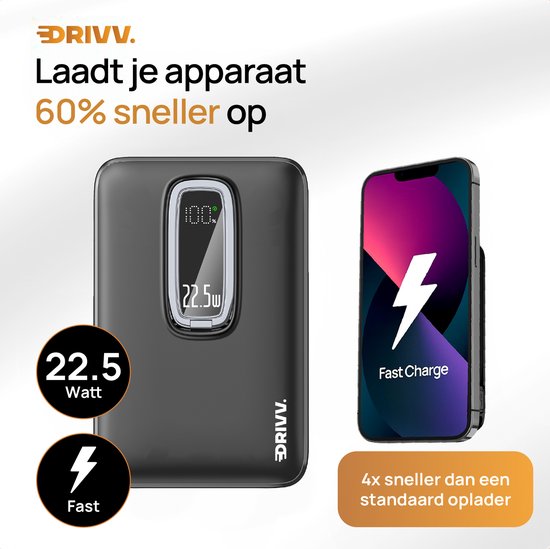 Powerbank 10.000 mAh, MagSafe-kompatibel, mit USB-C-Kabel – 3-in-1-Design – 22,5 W kabellose Powerbank – inklusive 60-W-Ladekabel – Schnellladefunktion – USB & USB-C – Schwarz