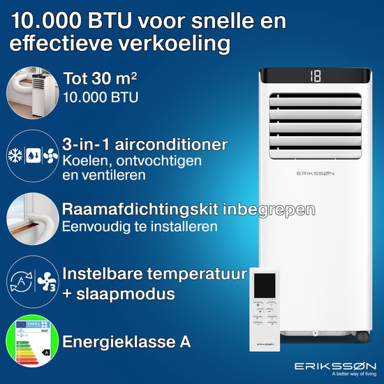 Erikssøn Mobile Klimaanlage – 10.000 BTU – inkl. Fensterdichtungsset – bis zu 30 m² – 4-in-1 – Klimaanlage – Ventilator – Luftentfeuchter – Weiß