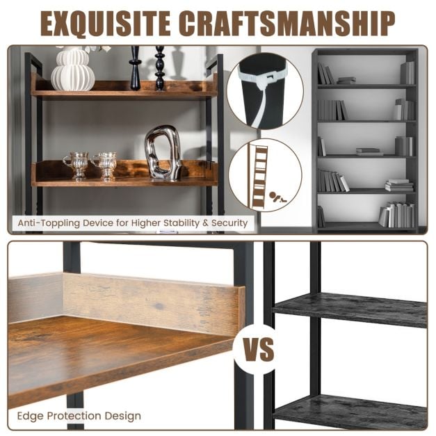 Coast Industrielles Bücherregal mit 6 Einlegeböden und 4 Haken – 69 x 34 x 177 cm – Braun und Schwarz