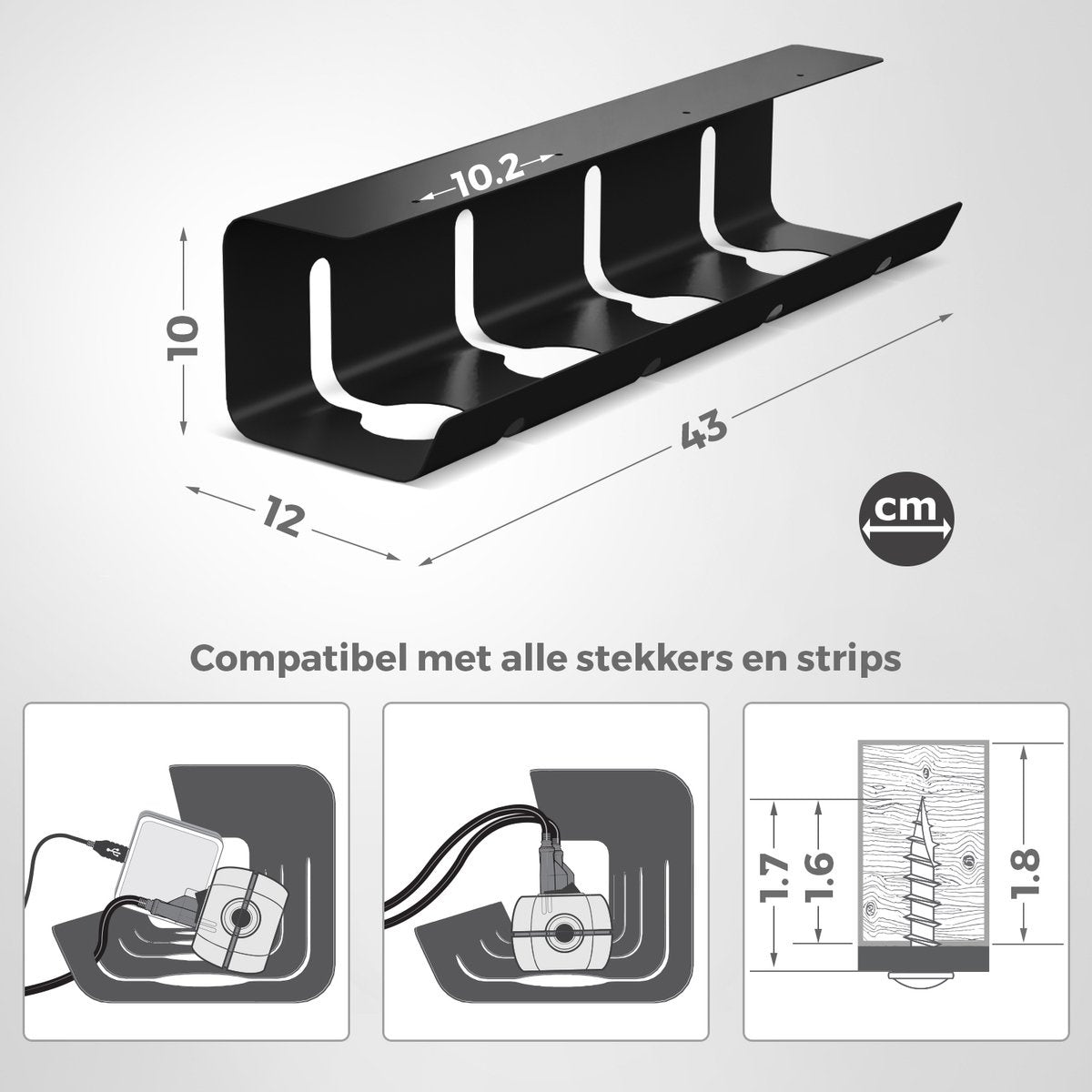 Stilemo Cable Tray Desk - Kabelhalter 43 CM - Kabelorganisator - Verschiedene Befestigungsmöglichkeiten - 5 KG Tragfähigkeit - Schwarz
