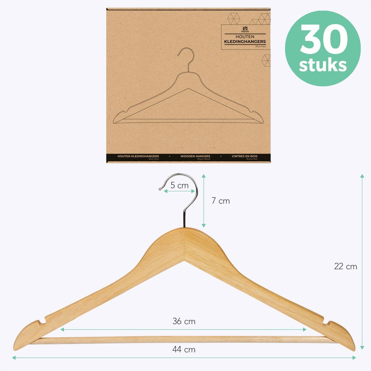 LifeGoods Kleiderbügel - Mit Hosenstange - Hartholz - Natürlich - 30 Stück