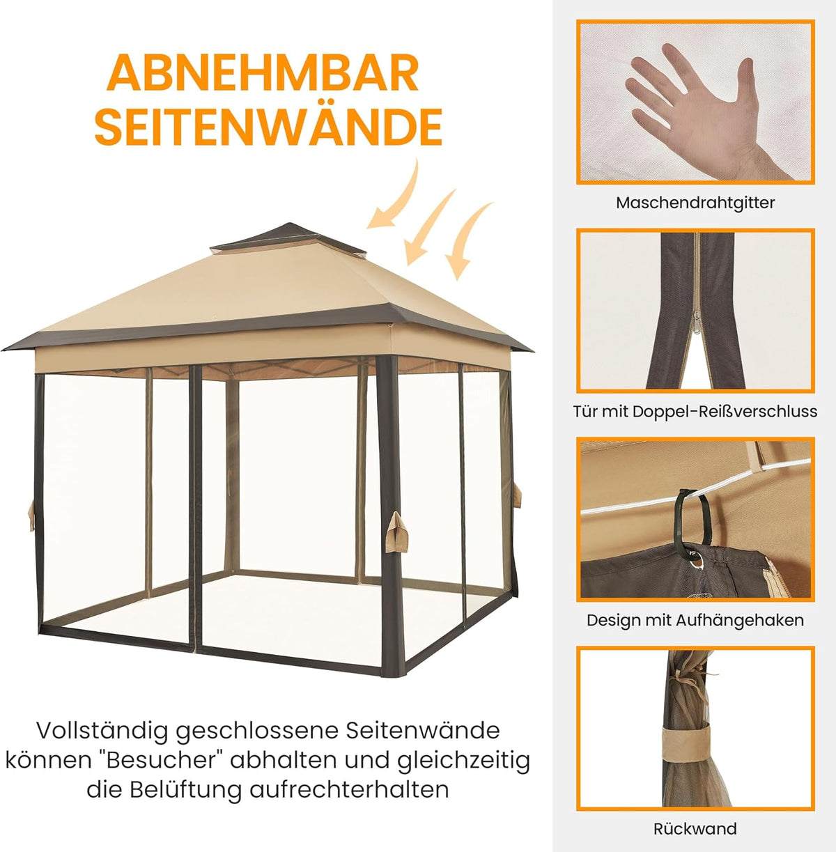 Yaheetech Pop-up-Pavillon 3,3 × 3,3 m mit 4 Netz-Seitenwänden und Tragetasche, Khaki/Braun