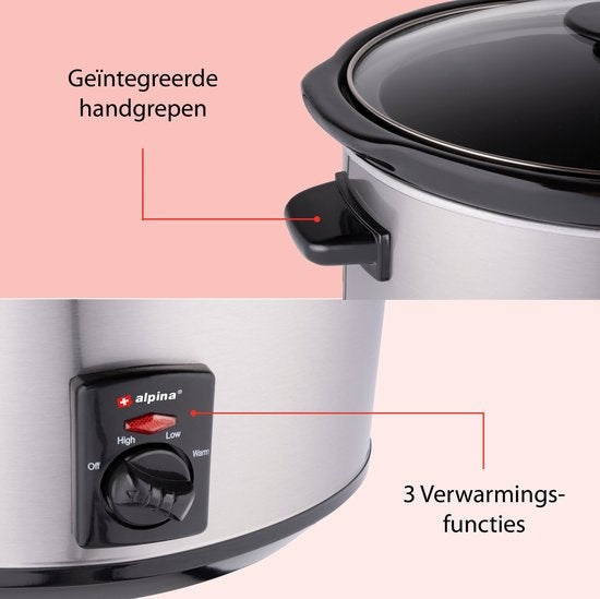Alpina Slowcooker - 3,5 Liter - Keramik-Innenbehälter - 3 Heizstufen - Edelstahl