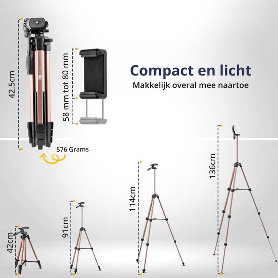 Studio ME Telefonstativ - 136 cm - Stativ Smartphone - Rose Gold - Kamerastativ - Telefonhalterung - Inkl. Bluetooth-Fernbedienung - Stativ Telefon