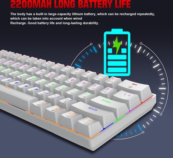 HXSJ L800 Wireless Mechanical TKL Gaming Keyboard - RGB - Wired / 2.4GHz RF / Bluetooth - QWERTY - 61 Tasten - Blauer Schalter - Weiß