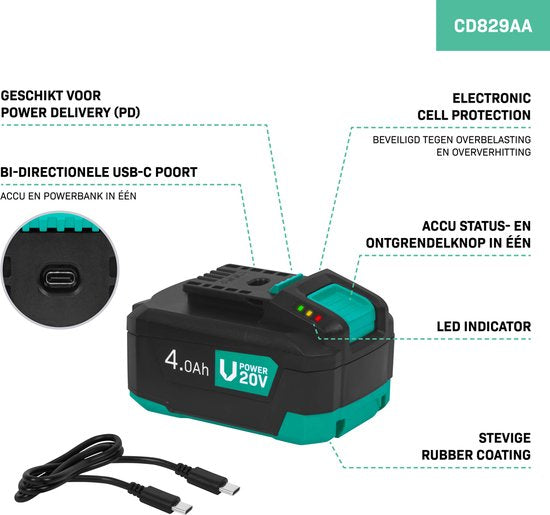 VONROC Battery 20V - 4.0Ah - bi-direktionaler USB-C Anschluss - Akku und Powerbank in einem - kompatibel mit Power Delivery (PD) - geschützt durch Electronic Cell Protection
