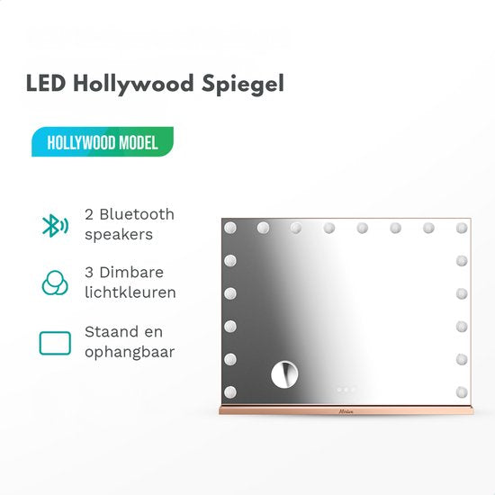Mirlux Hollywood Mirror 80x60CM - 2 Bluetooth-Lautsprecher - USB & USB-C Ladeanschlüsse - LED-Beleuchtung - Schminkspiegel - 10x Zoom - Aufhängbar - Rose Gold