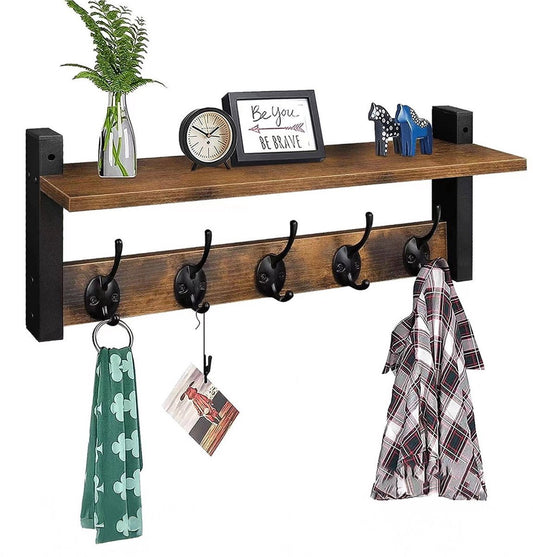 Luft Wandgarderobe mit Regal 73,5 cm - 10 Haken - Industrieller schwarzer Stahl & Holz - Wandgarderobe für Flur, Schlafzimmer oder Korridor