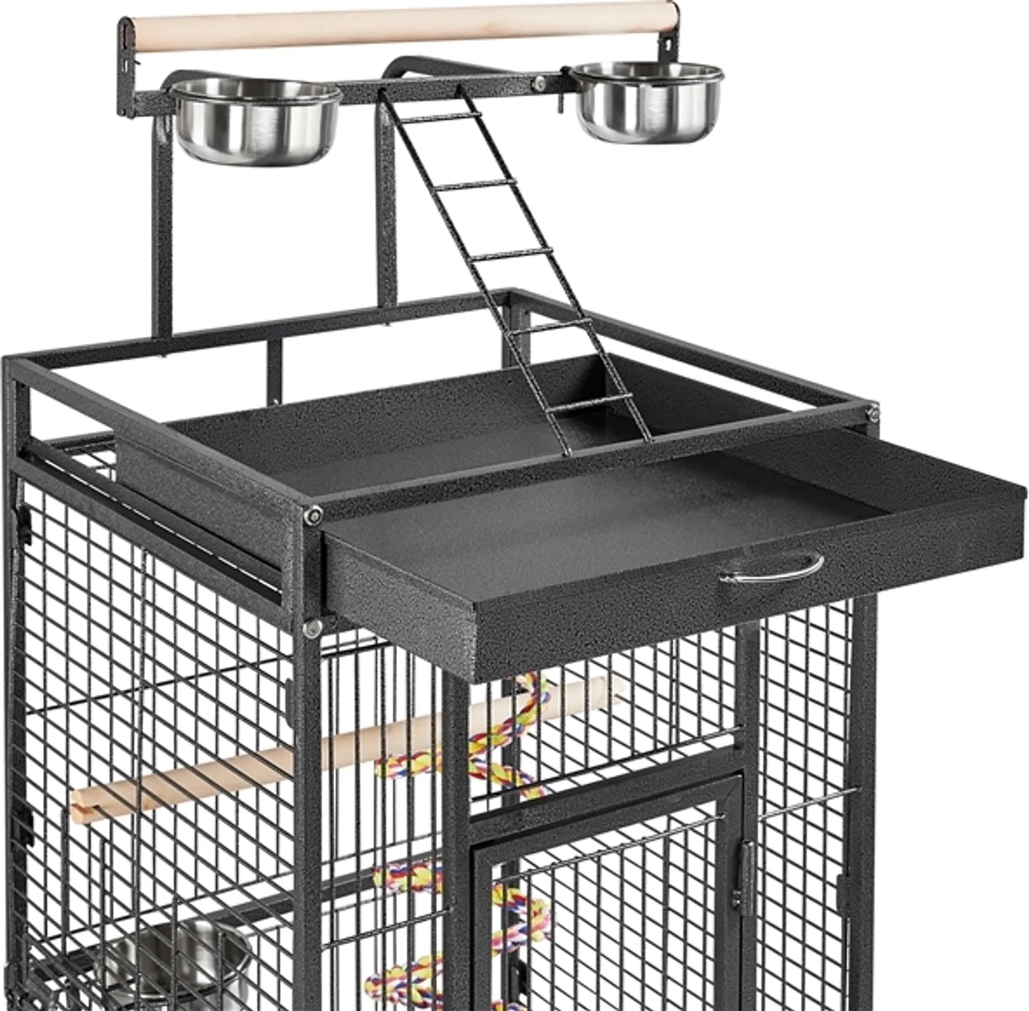 Yaheetech Papageienkäfig mit Spielplateau - Ausgestattet mit Saatgutfänger und ausziehbaren Kotschubladen und Futtertüren - Für Wellensittiche und Papageien - Schwarz pulverbeschichtetes Eisen - 65,5 x 65,5 x 156 cm