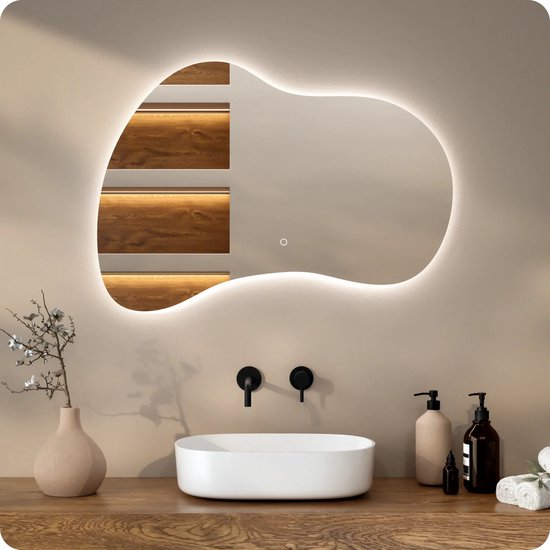 Mirlux Badezimmerspiegel mit LED-Beleuchtung und Heizung – Asymmetrischer Wandspiegel – Beschlagfreier Duschspiegel – Rahmenlos – 100 x 70 cm